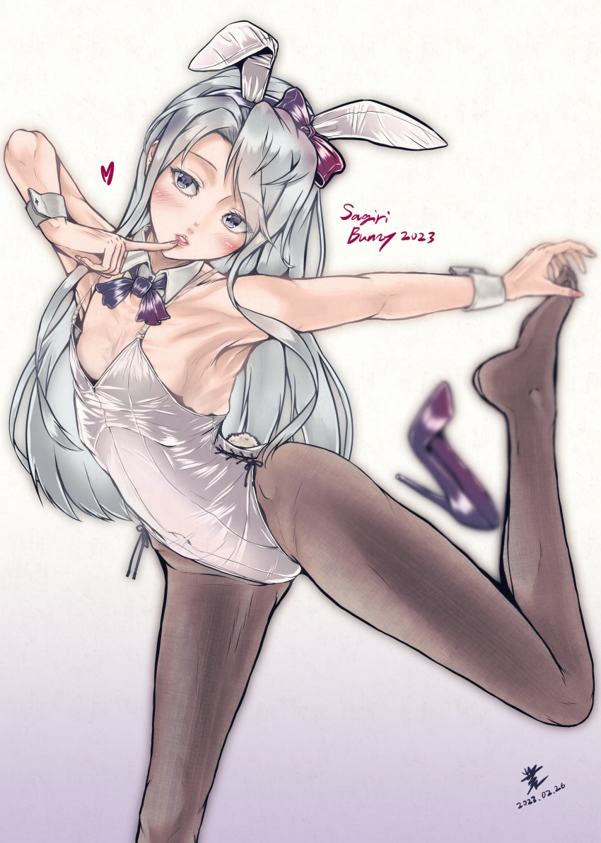 absurdres animal_ears breasts character_name dated detached_collar finger_to_mouth goushougun-sensei grey_hair highres kantai_collection long_hair pantyhose playboy_bunny rabbit_ears rabbit_tail sagiri_(kancolle) shoes shoes_removed small_breasts tail violet_eyes wrist_cuffs