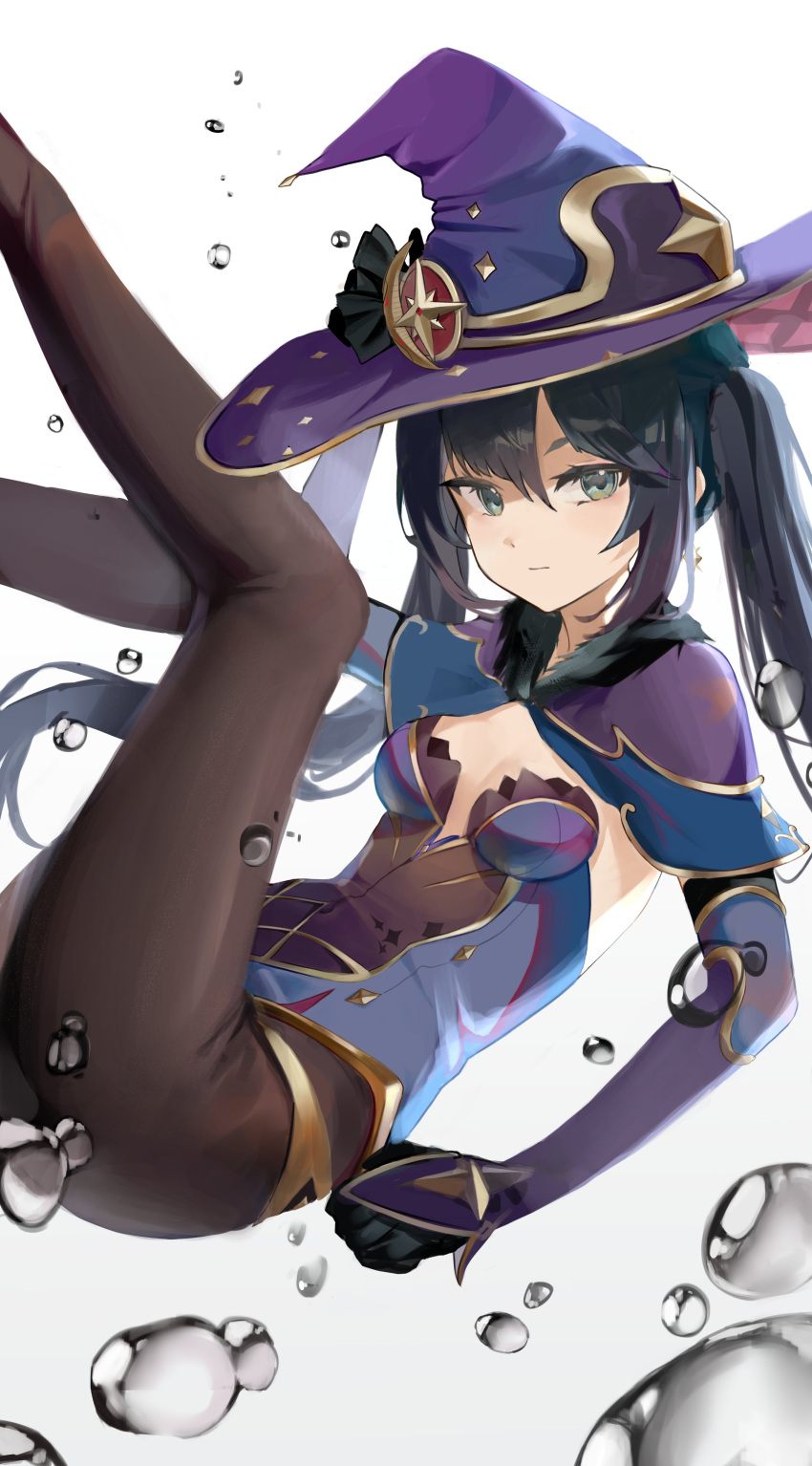 1girl absurdres black_hair black_pantyhose blue_leotard bodystocking breasts elbow_gloves fur_collar genshin_impact gloves green_eyes hat hat_ornament highres leotard long_hair maya_(gpmp3825) mona_(genshin_impact) pantyhose purple_headwear purple_leotard small_breasts solo sparkle_print strapless strapless_leotard twintails water_drop white_background witch_hat