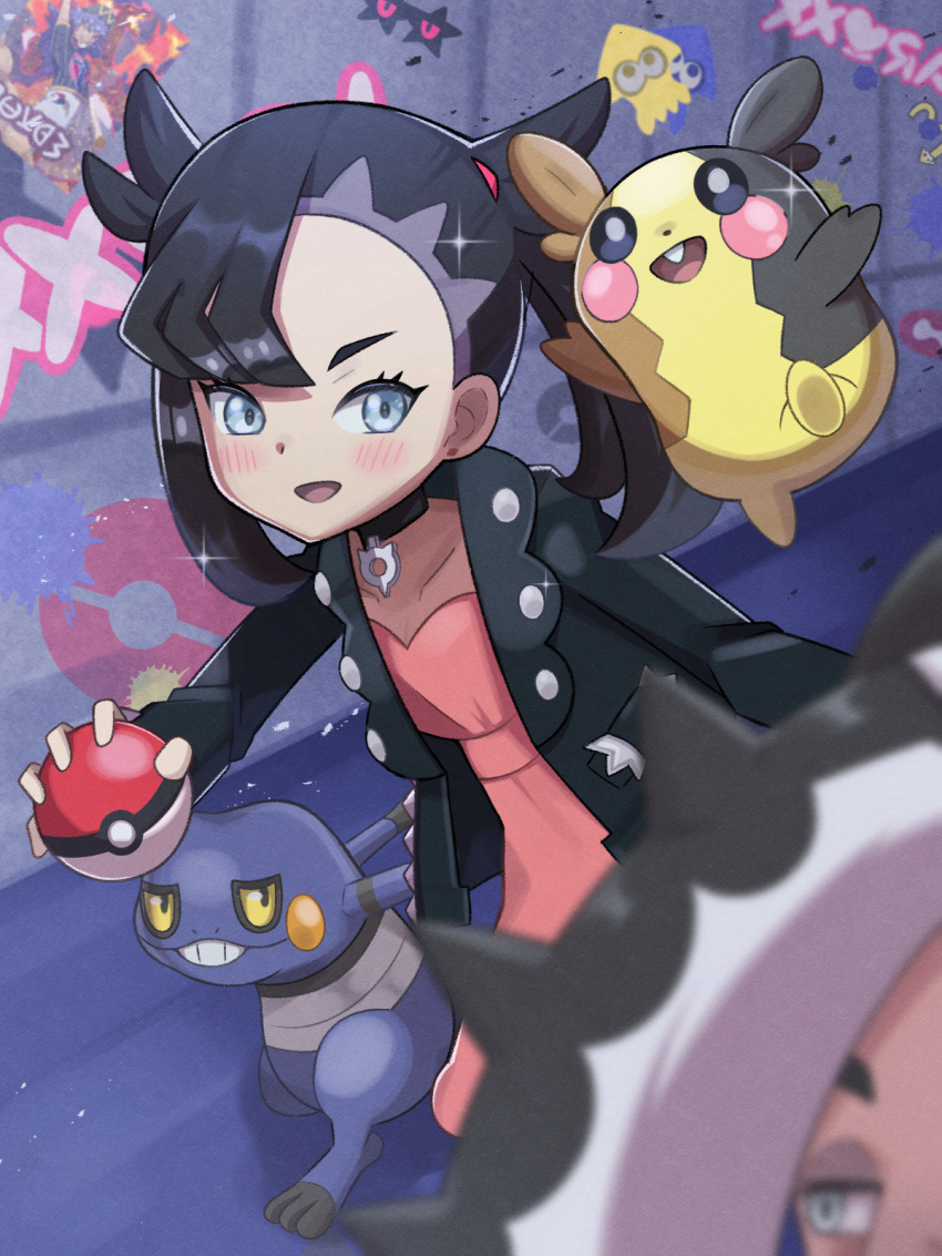 1girl asymmetrical_bangs bangs black_eyes black_hair black_jacket blush choker collarbone colored_sclera croagunk dress earrings eyebrows_hidden_by_hair grey_eyes hands_up highres holding holding_poke_ball inana_umi jacket jewelry jumping marnie_(pokemon) morpeko open_clothes open_jacket open_mouth pink_dress poke_ball pokemon pokemon_(game) pokemon_swsh running smile splatoon_(series) teeth tooth twintails yellow_sclera