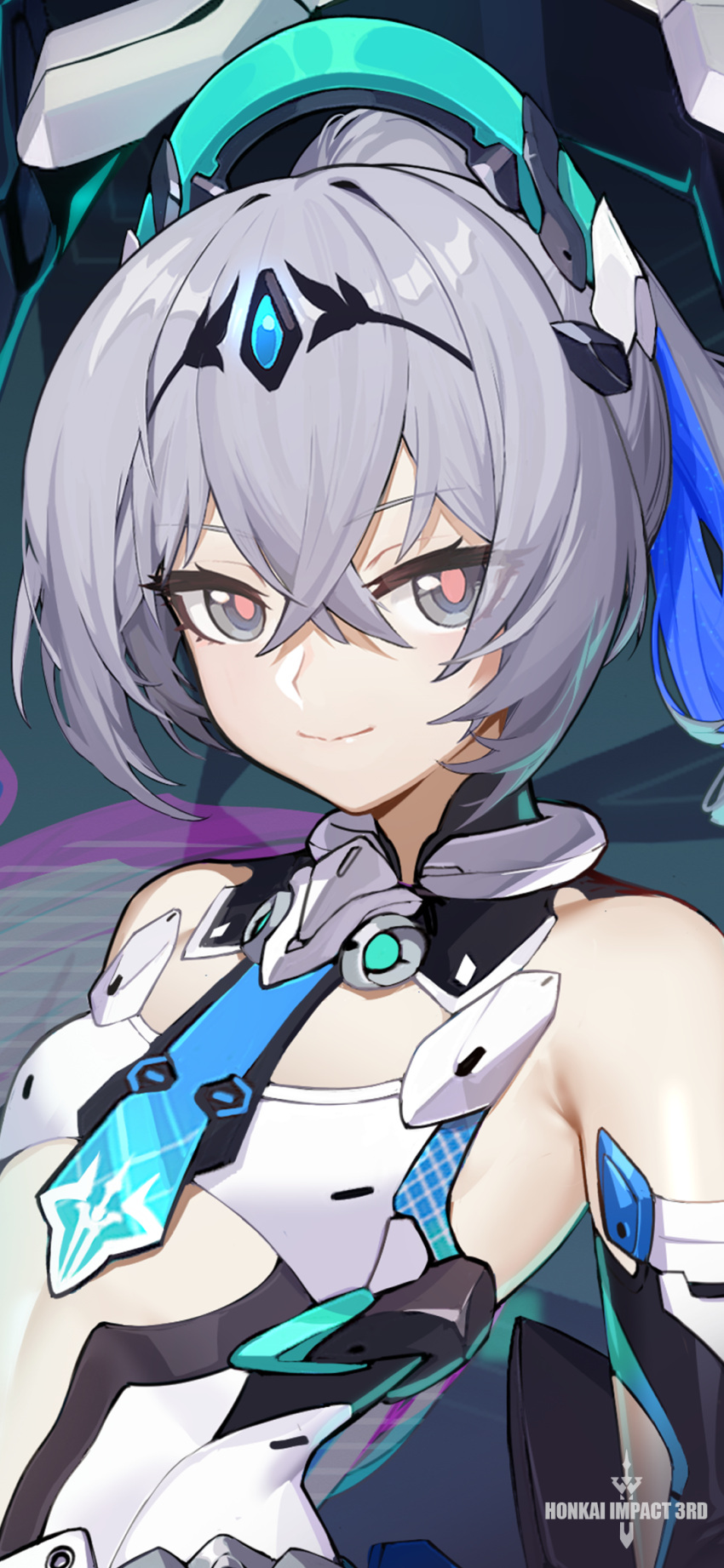 1girl armor bare_shoulders breasts bronya_zaychik bronya_zaychik_(herrscher_of_truth) english_text grey_hair highres honkai_(series) honkai_impact_3rd looking_at_viewer mecha_musume official_art official_wallpaper small_breasts smile solo upper_body weapon