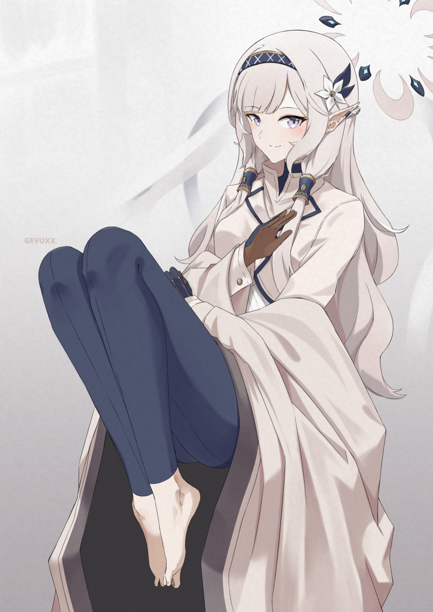 1girl absurdres bangs barefoot blue_archive blunt_bangs commentary_request gevuxx grey_eyes grey_hair hair_tubes hairband halo highres himari_(blue_archive) knees_up leggings long_hair long_sleeves looking_at_viewer parted_bangs pointy_ears school_uniform sidelocks simple_background sitting smile solo two-tone_gloves