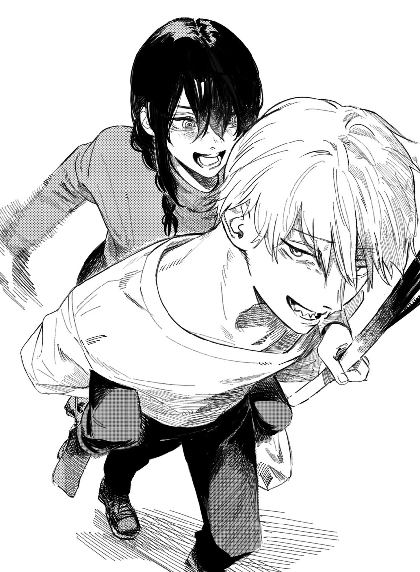 1boy 1girl braid braided_ponytail carrying chainsaw_man denji_(chainsaw_man) food greyscale hair_over_one_eye hair_over_shoulder highres holding holding_food looking_at_another looking_to_the_side monochrome nayuta_(chainsaw_man) open_mouth piggyback ringed_eyes sharp_teeth simple_background smile sweater teeth white_background yode