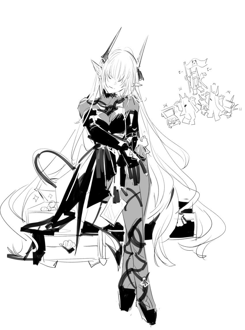 absurdres arknights chained_sarkaz_girl covered_eyes greyscale highres horns monochrome pointy_ears sarkaz_grudgebearer_(arknights) sarkaz_sentinel_(arknights) thigh-highs treasure white_background white_theme