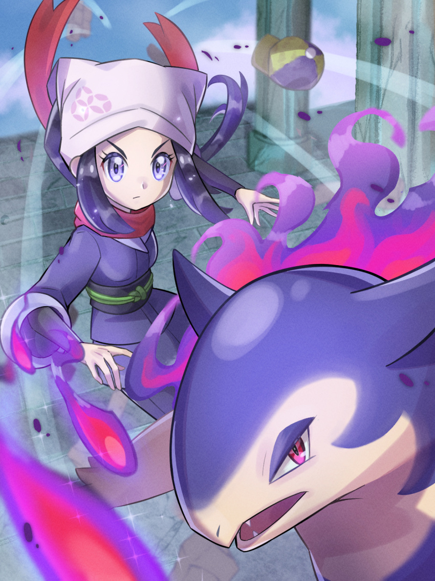 1girl akari_(pokemon) arm_warmers blue_dress blue_eyes closed_mouth dress fangs fire hands_up hat highres hisuian_typhlosion inana_umi japanese_clothes long_hair long_sleeves obi obijime open_mouth pillar pokemon pokemon_(game) pokemon_legends:_arceus purple_fire red_eyes red_scarf sash scarf white_headwear wind