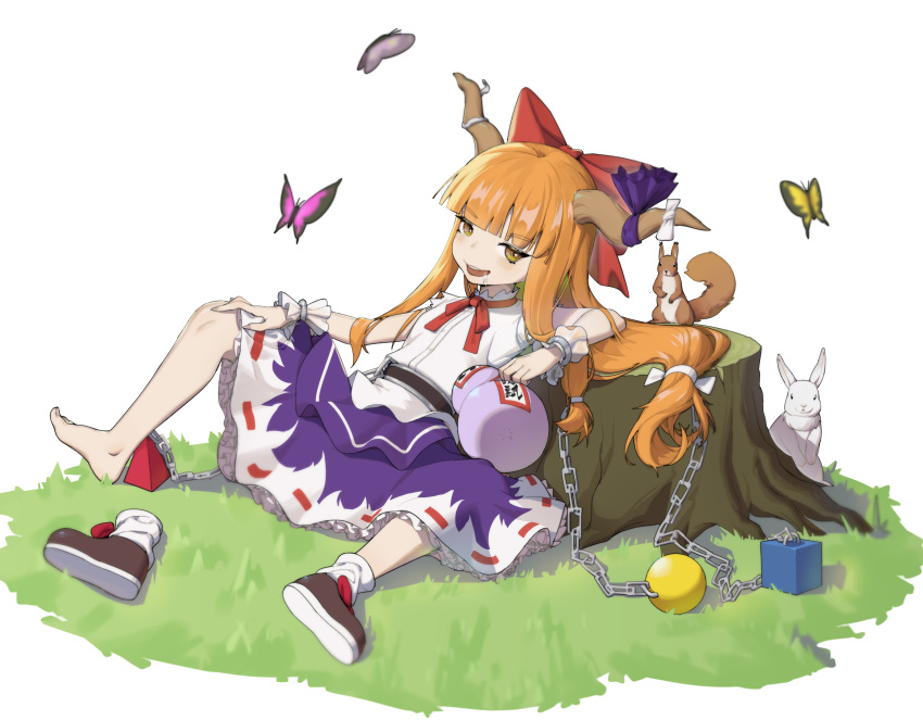 1girl bangs barefoot belt blunt_bangs blush bow bug butterfly chain commentary_request cube flat_chest footwear_bow full_body gourd grass hair_bow highres holding horn_ornament horn_ribbon horns ibuki_suika lemonpee123 looking_at_viewer open_mouth orange_hair orb purple_butterfly purple_ribbon purple_skirt pyramid_(structure) red_bow ribbon ribbon-trimmed_skirt ribbon_trim saliva shirt shoes single_shoe sitting skirt sleeveless sleeveless_shirt smile socks solo squirrel touhou tree_stump white_background white_shirt wrist_cuffs yellow_butterfly yellow_eyes