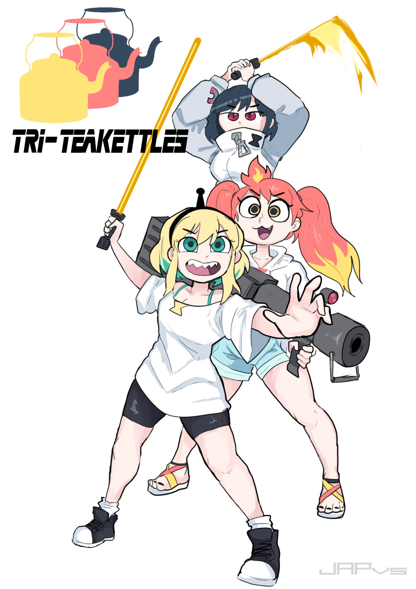 3girls :3 :d absurdres amano_pikamee arms_up artist_name bangs bare_legs bike_shorts black_footwear black_hair black_hairband black_nails black_shorts blonde_hair blue_shorts collarbone colored_inner_hair english_text fang full_body green_hair hair_between_eyes hairband hands_up high_collar highres hikasa_tomoshika holding holding_lightsaber holding_weapon hood hood_down hoodie jacket japvs jitomi_monoe kettle legs_apart long_sleeves magnet motion_blur multicolored_hair multiple_girls off-shoulder_shirt off_shoulder open_mouth outstretched_arms red_eyes redhead rocket_launcher sharp_teeth shirt shoes short_hair short_sleeves shorts sidelocks smile sneakers standing teeth twintails two-tone_hair upper_teeth_only v-shaped_eyebrows virtual_youtuber voms weapon white_hoodie white_jacket white_shirt yellow_eyes zipper_pull_tab