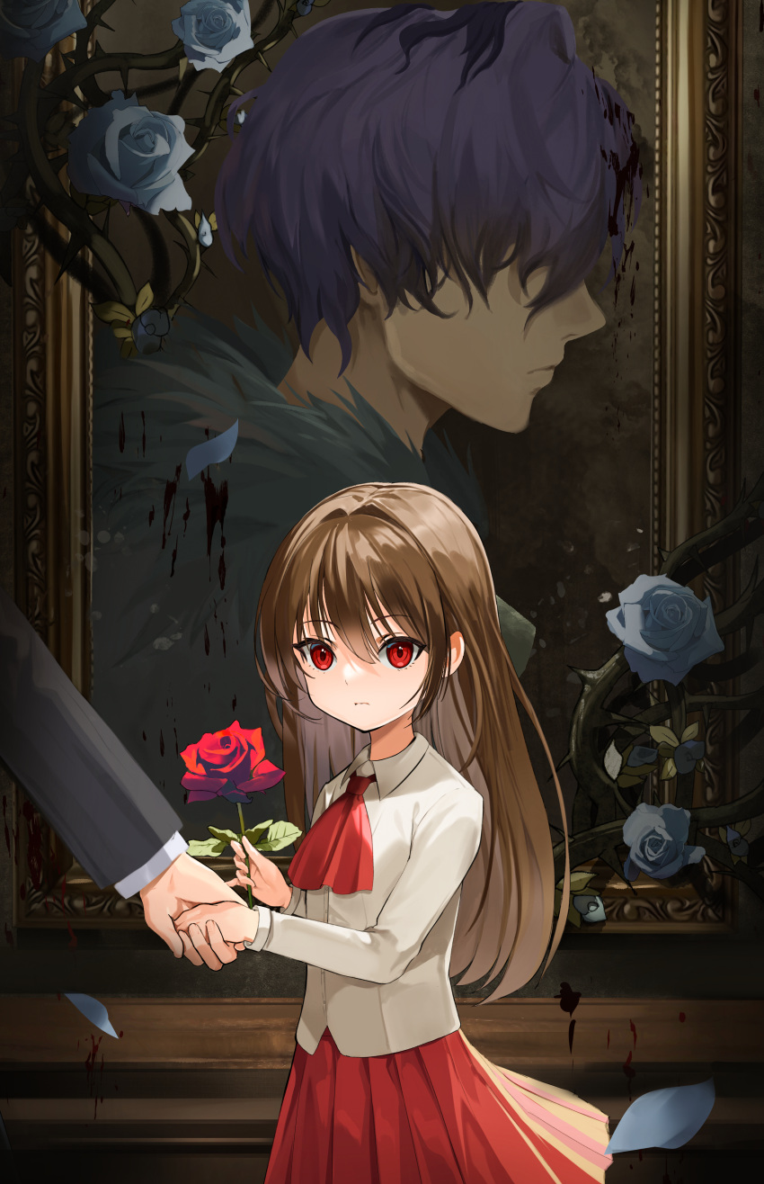 1boy 1girl absurdres ascot bangs brown_hair collared_shirt falling_petals flower frown fur_trim garry_(ib) hair_over_eyes highres holding holding_flower holding_hands ib ib_(ib) long_hair long_sleeves looking_at_viewer painting_(object) petals picture_frame pleated_skirt profile purple_hair red_eyes rjh5820 rose shirt short_hair skirt very_long_hair
