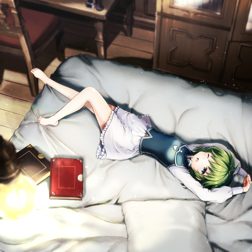 1girl absurdres arms_up barefoot bed bed_sheet bedroom blue_eyes blurry book chair closet depth_of_field dress fire_emblem fire_emblem:_the_blazing_blade green_hair highres indoors long_sleeves lying nino_(fire_emblem) on_back on_bed one_eye_closed pillow short_hair solo stretching watarino white_dress