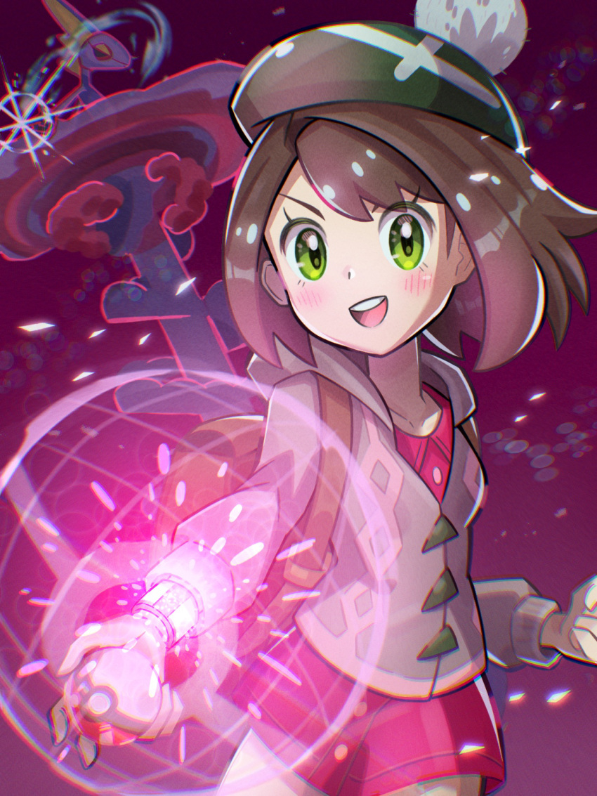 backpack bag blush bob_cut brown_hair cable_knit clenched_hand collarbone dress dynamax dynamax_band gigantamax gigantamax_inteleon gloria_(pokemon) green_eyes green_headwear hat highres holding holding_poke_ball hooded_cardigan inana_umi inteleon open_mouth pink_dress poke_ball pokemon pokemon_(creature) pokemon_(game) pokemon_swsh short_hair tam_o'_shanter teeth upper_teeth_only