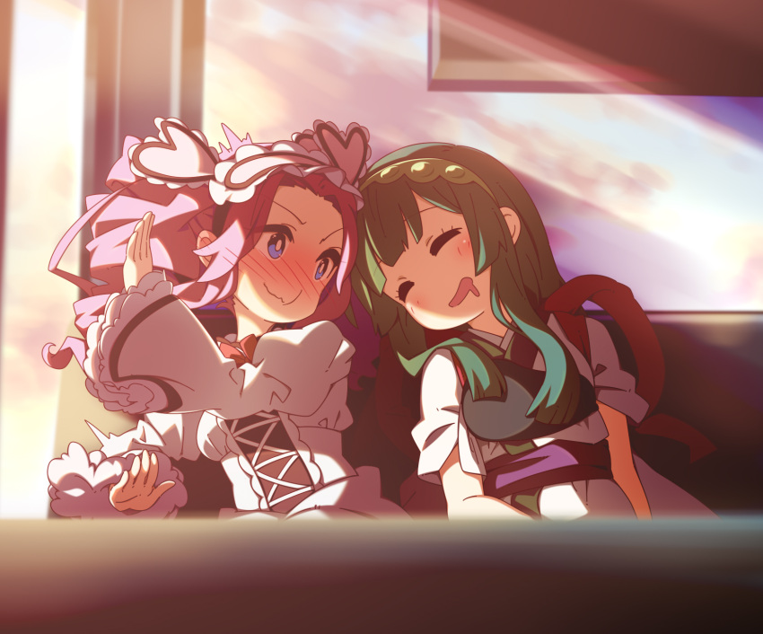 2girls blue_eyes blush breasts commentary_request drooling embarrassed fuu_(koneko_no_yomeiri) green_hair green_hairband hairband highres juliet_sleeves long_sleeves medium_breasts multiple_girls open_mouth pink_hair puffy_sleeves shikoku_metan sitting sleeping smile sunlight surprised touhoku_zunko voiceroid wavy_mouth wide_sleeves