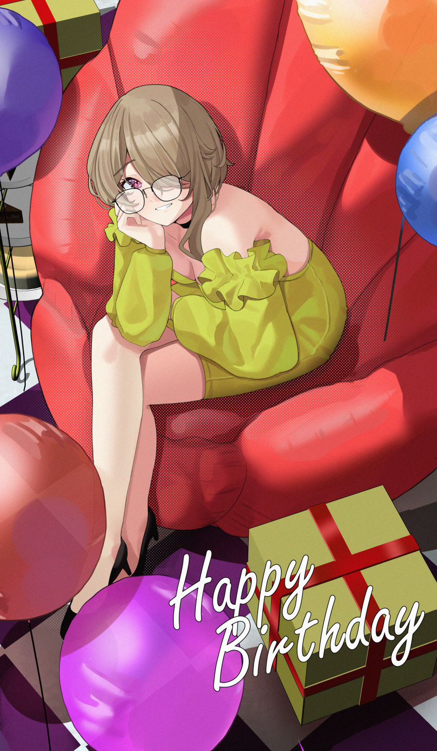 1girl absurdres arm_rest arm_support armchair balloon box chair crossed_legs detached_sleeves dress gift gift_box glasses haerge hair_over_one_eye hand_on_own_cheek hand_on_own_face happy_birthday highres honkai_(series) honkai_impact_3rd leaning_forward long_hair red_eyes rita_rossweisse short_hair sitting smile