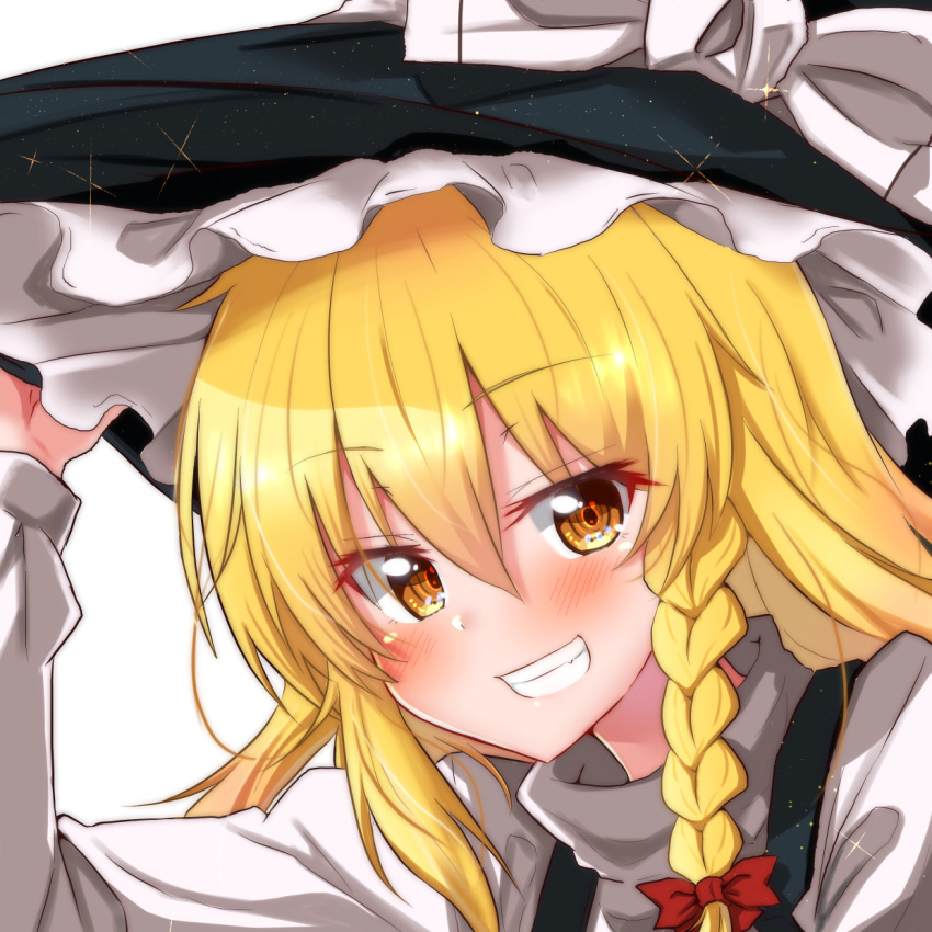 1girl bangs black_headwear black_vest blonde_hair blush bow braid colored_eyelashes commentary_request eyes_visible_through_hair frilled_hat frills grin hair_between_eyes hair_bow hand_on_headwear happy hat hat_bow highres kirisame_marisa long_hair long_sleeves looking_at_viewer mukkushi portrait red_bow shirt side_braid simple_background single_braid smile solo sparkle split_mouth touhou turtleneck vest white_background white_bow white_shirt witch_hat yellow_eyes