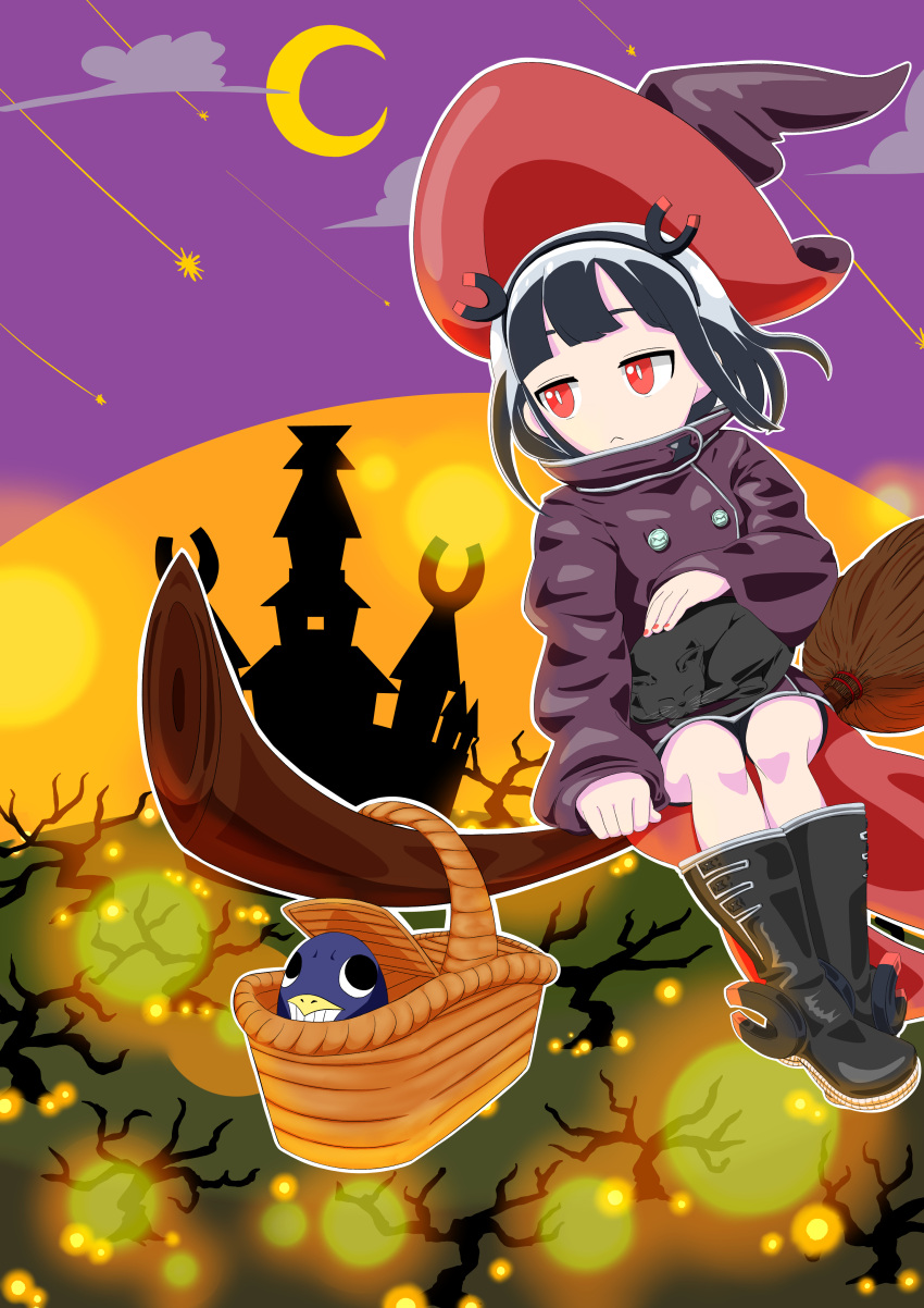 1girl :&lt; absurdres alternate_costume animal_on_lap bangs bare_tree basket black_footwear black_hair boots broom broom_riding buttons cape castle cat coat commentary_request crescent_moon glowing gyari_(bird) halloween hat high_collar highres jitome jitomi_monoe magnet matsuta6 moon night on_lap petting purple_coat purple_sky red_eyes red_nails shooting_star sleeves_past_wrists solo tree virtual_youtuber voms witch_hat