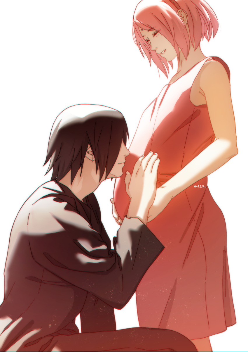 1boy 1girl absurdres black_hair boruto:_naruto_next_generations commentary dress hair_over_eyes hairband highres husband_and_wife kinomoto_sakura naruto_(series) niku_(ni23ku) pink_dress pink_hair pregnant red_hairband twitter_username uchiha_sasuke