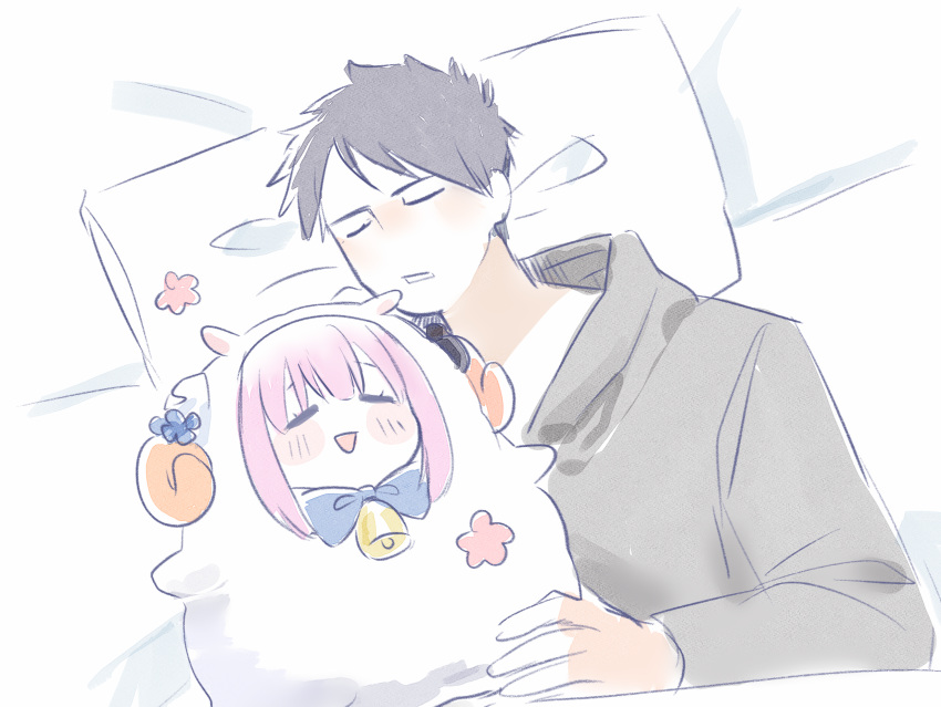1boy 1girl animal_costume animal_ears bangs bed_sheet bell blue_archive blush bow closed_eyes closed_mouth ekoru flower hair_flower hair_ornament halo highres horns lying mika_(blue_archive) neck_bell on_back pillow pink_hair sheep_costume sheep_ears sheep_horns sleeping smile sparkle wings