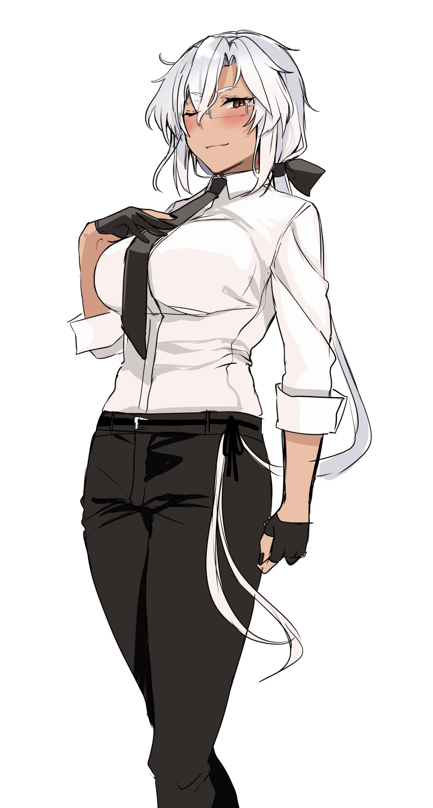 1girl absurdres black_pants breasts collared_shirt dark_skin glasses gloves hair_between_eyes half_gloves highres kantai_collection large_breasts light_brown_hair musashi_(kancolle) necktie pants red_eyes shirt short_hair_with_long_locks tall twintails two_side_up white_background white_shirt yunamaro