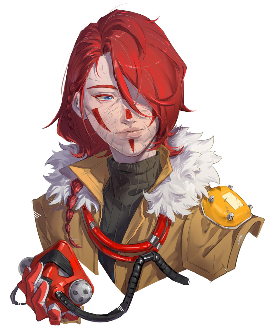 1other androgynous animification apex_legends bangs black_jacket black_sweater bloodhound_(apex_legends) blue_eyes braid chinese_commentary chongmingggg facepaint fur-trimmed_jacket fur_trim hair_over_one_eye highres holding holding_mask jacket long_hair mask other_focus portrait rebreather redhead ribbed_sweater scar side_braid smile solo sweater white_background