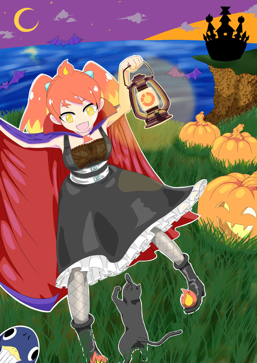 1girl :d absurdres alternate_costume arm_up belt black_dress blonde_hair boots bright_pupils cape castle cat cliff cloak commentary_request crescent_moon dress fangs fishnet_pantyhose fishnets frilled_dress frills grass grey_pantyhose gyari_(bird) halloween hand_up highres hikasa_tomoshika holding holding_lantern horizon jack-o'-lantern lantern looking_down matsuta6 moon multicolored_hair night ocean open_mouth pantyhose purple_sky redhead smile twintails two-tone_hair virtual_youtuber voms white_pupils yellow_eyes