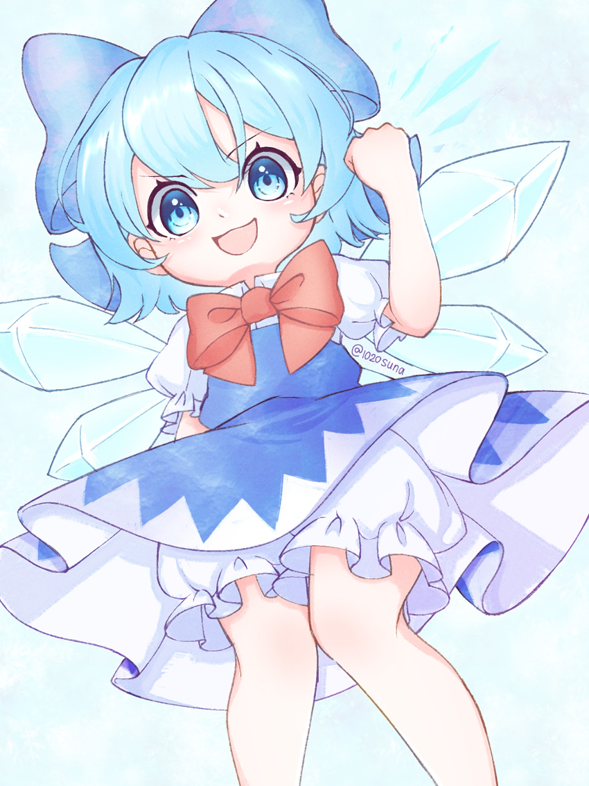 1020suna 1girl bangs bloomers blue_eyes blue_hair blue_ribbon blue_skirt cirno fairy_wings hair_ribbon highres ice ice_wings looking_at_viewer open_mouth red_ribbon ribbon skirt solo touhou underwear white_bloomers wings