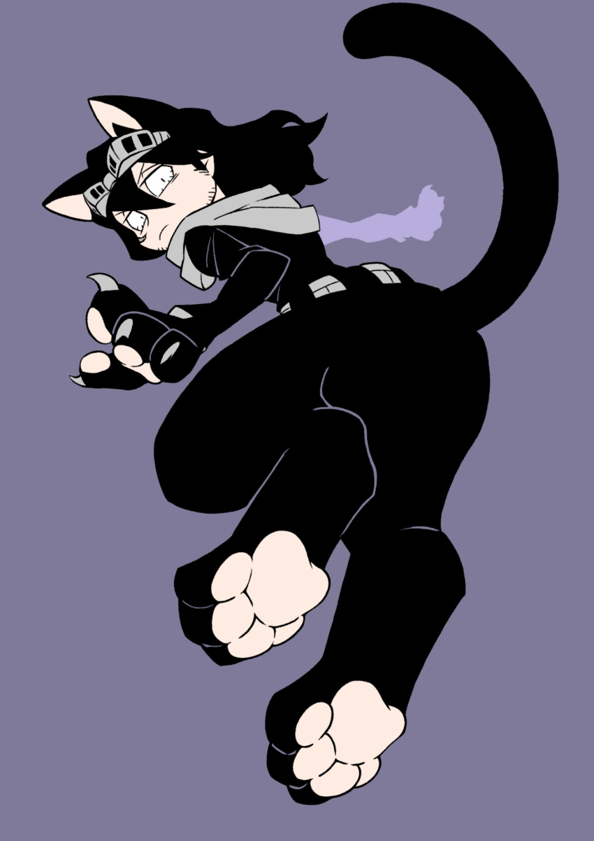 0411sironeko 1boy animal_ears animal_feet animal_hands barefoot black_hair boku_no_hero_academia cat_boy cat_ears cat_tail claws closed_mouth commentary eraser_head_(boku_no_hero_academia) facial_hair full_body furrification furry grey_scarf highres long_hair long_sleeves looking_at_viewer male_focus pawpads purple_background scar scar_on_cheek scar_on_face scarf simple_background solo stubble tail