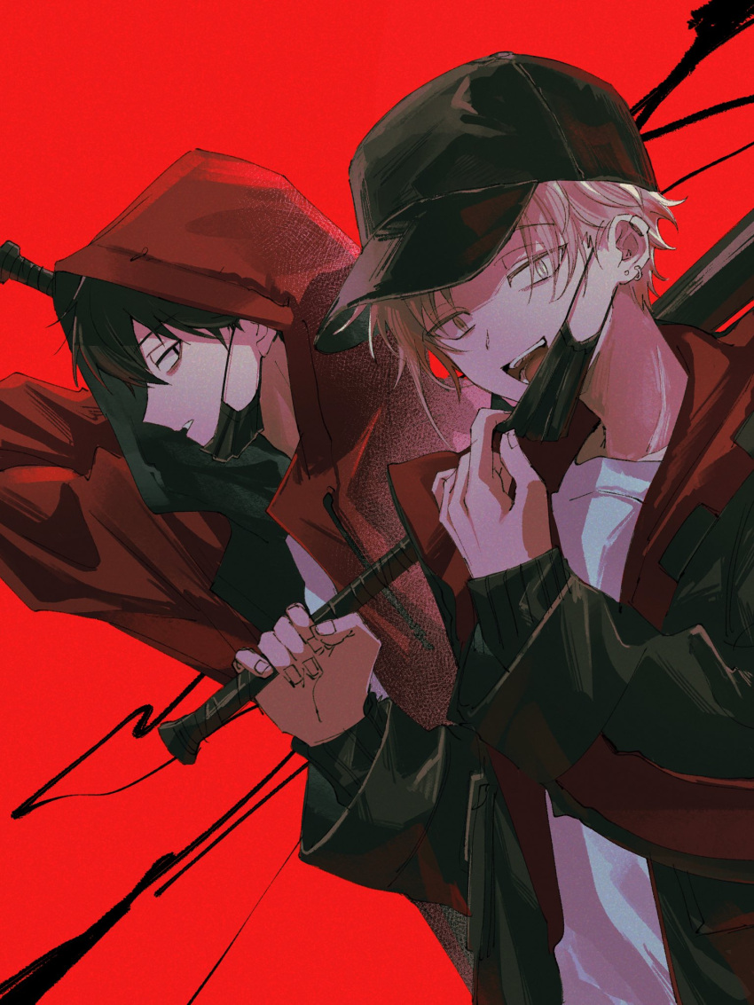 2boys bags_under_eyes bangs baseball_bat baseball_cap black_eyes black_hair black_headwear black_jacket black_mask blonde_hair casual commentary drawstring ear_piercing earclip earrings fingernails from_side hair_between_eyes hair_over_eyes hat highres holding holding_baseball_bat hood hood_down hood_up hooded_jacket jacket jewelry kagerou_project kano_shuuya kisaragi_shintarou long_sleeves looking_at_viewer looking_to_the_side male_focus mask mask_pull mekakucity_actors mokemoke_chan mouth_mask multicolored_clothes multicolored_jacket multiple_boys open_clothes open_jacket open_mouth parted_lips piercing red_background red_jacket shirt short_hair stud_earrings symbol-only_commentary t-shirt teeth tongue two-sided_fabric two-sided_jacket two-tone_jacket upper_body upper_teeth_only white_shirt yellow_eyes