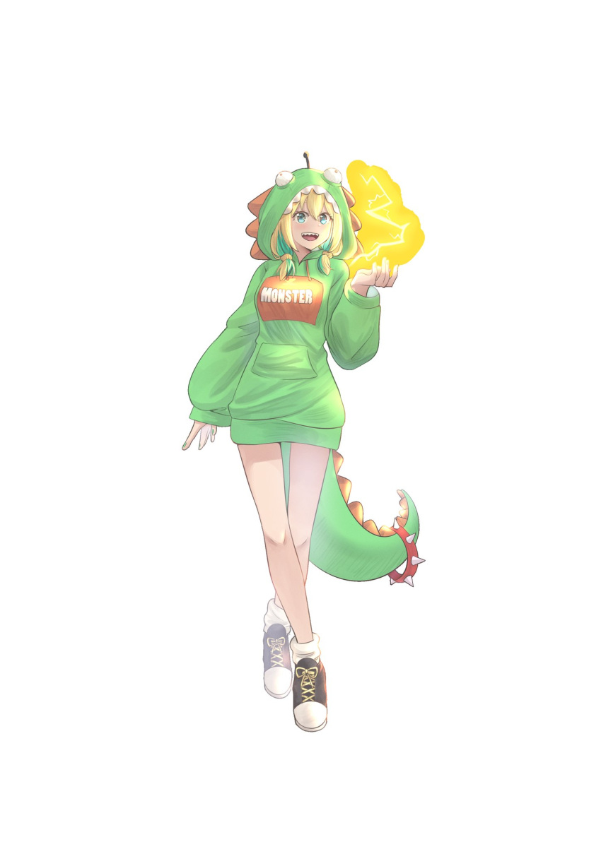 1girl :d amano_pikamee black_footwear blonde_hair collar colored_inner_hair commentary crossed_legs dinosaur_hood electricity english_commentary full_body green_eyes green_hair hand_up highres multicolored_hair open_mouth rans_bc sharp_teeth shoes short_hair sleeves_past_wrists smile sneakers solo spark spiked_collar spikes teeth two-tone_hair virtual_youtuber voms watson_cross
