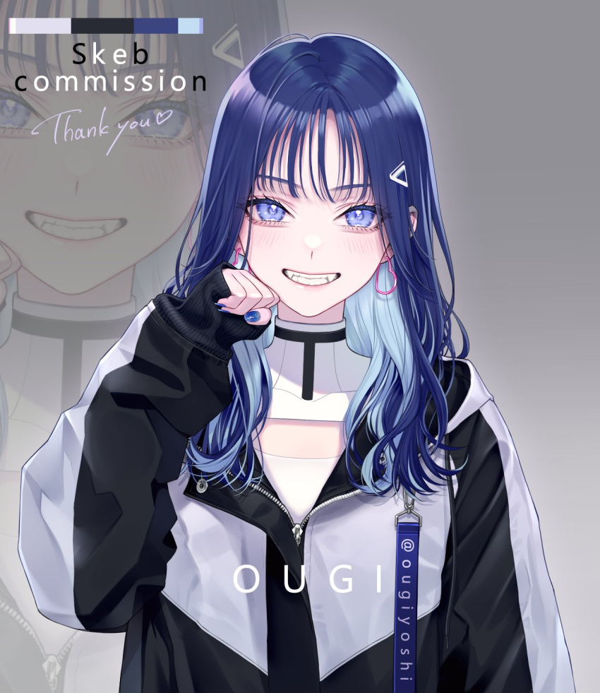 1girl artist_name black_jacket blue_eyes blue_hair blue_nails chimachi clothing_cutout commission earrings highres jacket jewelry long_hair looking_at_viewer multicolored_clothes multicolored_jacket original paw_pose skeb_commission smile solo sweater thank_you track_jacket triangle_hair_ornament twitter_username two-tone_jacket white_jacket white_sweater zoom_layer
