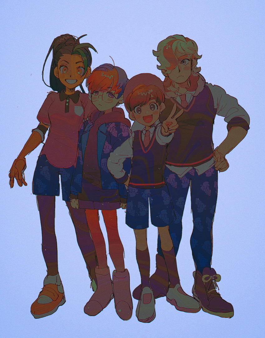 2boys 2girls :d arven_(pokemon) bangs blue_shorts blush_stickers boots brown_hair collared_shirt commentary eyelashes florian_(pokemon) green_hair grin highres looking_at_viewer multicolored_hair multiple_boys multiple_girls necktie nemona_(pokemon) orange_eyes orange_footwear orange_necktie orange_shirt pants pantyhose penny_(pokemon) pokemon pokemon_(game) pokemon_sv ponytail shirt shoes short_sleeves shorts sleeves_past_elbows smile socks standing symbol-only_commentary teeth thxzmgn two-tone_hair v vest