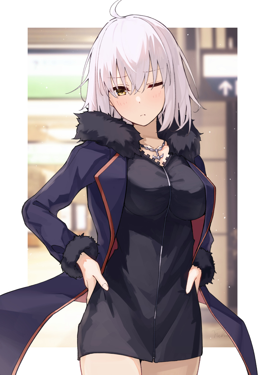 1girl absurdres ahoge bangs black_coat black_dress blush breasts closed_mouth coat collarbone commentary_request dress fate/grand_order fate_(series) fukuidesu0110 full-length_zipper fur-trimmed_coat fur-trimmed_sleeves fur_trim hair_between_eyes hands_on_hips highres jeanne_d'arc_alter_(fate) jeanne_d'arc_alter_(ver._shinjuku_1999)_(fate) jewelry long_sleeves medium_breasts necklace one_eye_closed open_clothes open_coat short_dress short_hair solo white_hair yellow_eyes zipper