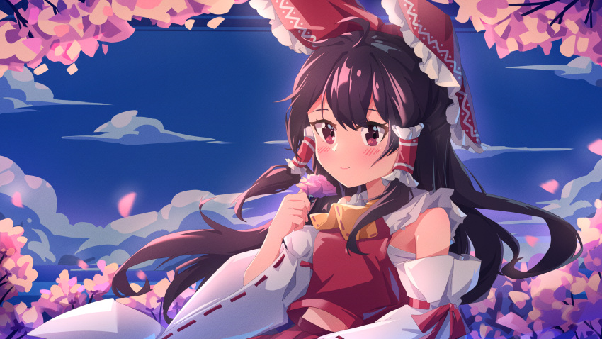 1girl absurdres ascot bangs bare_shoulders bloom bow breasts brown_hair cherry_blossoms clouds detached_sleeves eyes_visible_through_hair flower flower_request frilled_bow frilled_hair_tubes frills gohei hair_bow hair_tubes hakurei_reimu hand_up highres holding holding_flower light_smile long_hair outdoors petals pink_flower red_bow ribbon-trimmed_sleeves ribbon_trim sarashi sdftehn sky small_breasts solo touhou twilight very_long_hair wide_sleeves yellow_ascot