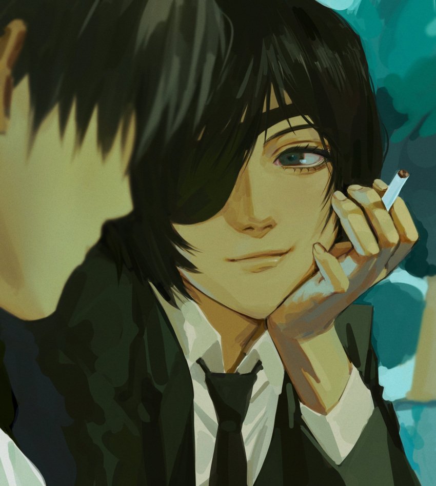 1boy 1girl black_hair black_jacket black_necktie blurry blurry_foreground chainsaw_man cigarette collared_shirt eyepatch formal hayakawa_aki head_rest highres himeno_(chainsaw_man) holding holding_cigarette jacket leedare614 looking_at_another necktie parted_lips shirt short_hair smile suit suit_jacket white_shirt