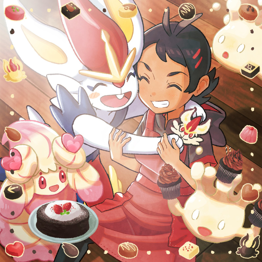 1boy alcremie antenna_hair apron bangs black_hair blush cake cinderace closed_eyes commentary cupcake eyelashes food framed goh_(pokemon) grey_shirt grin hands_up highres hood hood_down hooded_shirt male_focus milcery minato_(mntnm) plate pokemon pokemon_(anime) pokemon_(creature) pokemon_journeys red_apron shirt short_sleeves sitting smile symbol-only_commentary teeth