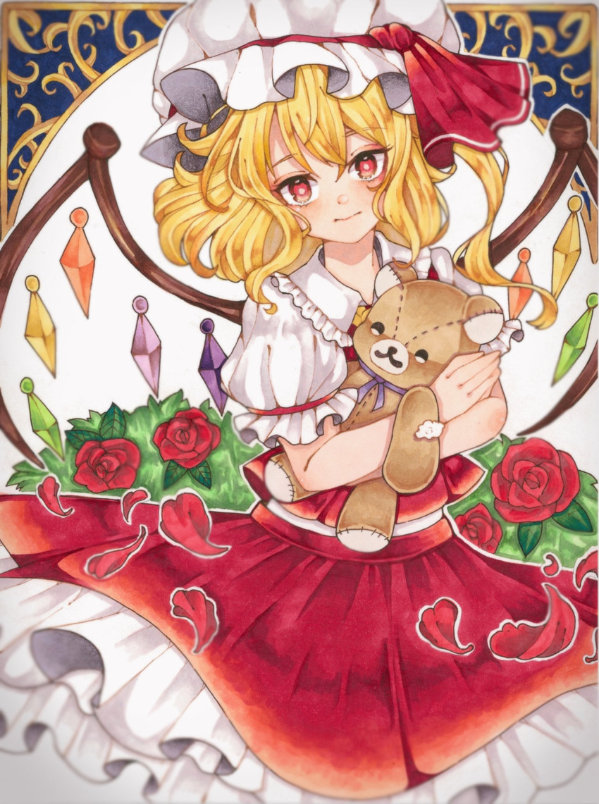 1girl bangs blonde_hair blush bright_pupils closed_mouth expressionless flandre_scarlet flower frilled_shirt_collar frills hair_between_eyes hat highres looking_at_viewer medium_hair miyabiii_oekaki mob_cap one_side_up outline petals puffy_short_sleeves puffy_sleeves red_eyes red_flower red_rose red_skirt red_vest rose rose_petals short_sleeves skirt skirt_set solo stuffed_animal stuffed_toy teddy_bear touhou traditional_media vest white_outline white_pupils wings