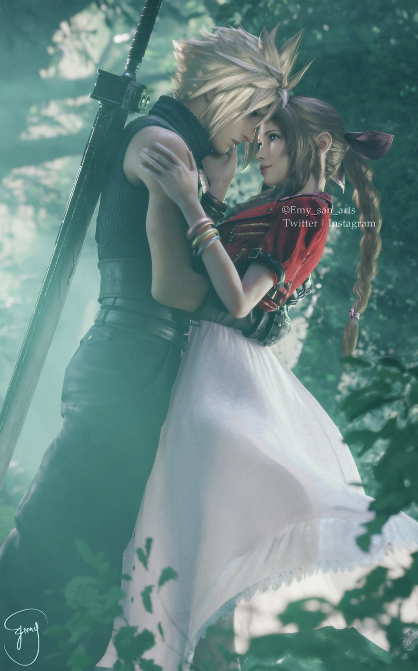 aerith_gainsborough blonde_hair braid braided_ponytail brown_hair cloud_strife dress emy_san_arts final_fantasy final_fantasy_vii final_fantasy_vii_remake forest highres hug jacket md5_mismatch nature pink_dress red_jacket ribbon shoulder_pads tearing_up tears turtleneck