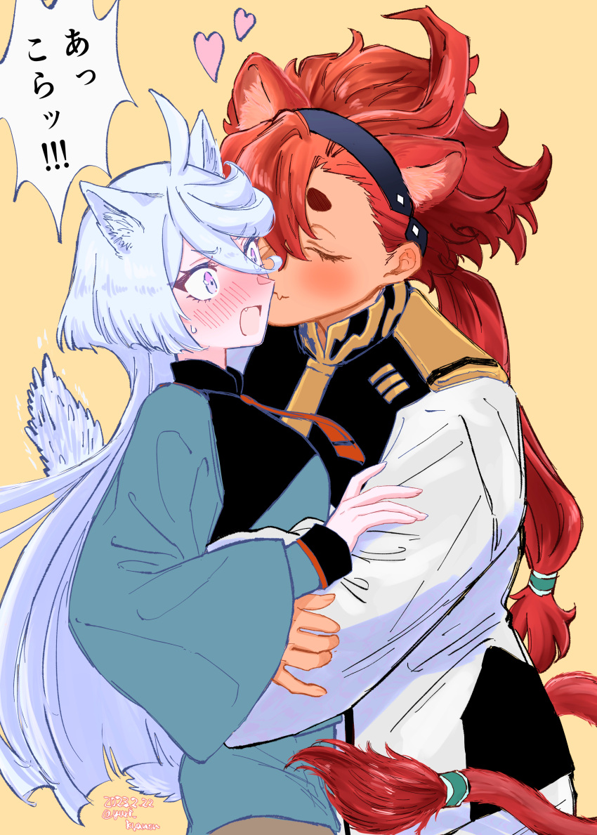 2girls absurdres animal_ears asticassia_school_uniform blush closed_eyes commentary_request dated extra_ears fang grey_hair gundam gundam_suisei_no_majo heart highres kiss kissing_cheek long_hair miorine_rembran multiple_girls open_mouth redhead school_uniform skin_fang suletta_mercury tail thick_eyebrows translation_request yuri yuri_kyanon