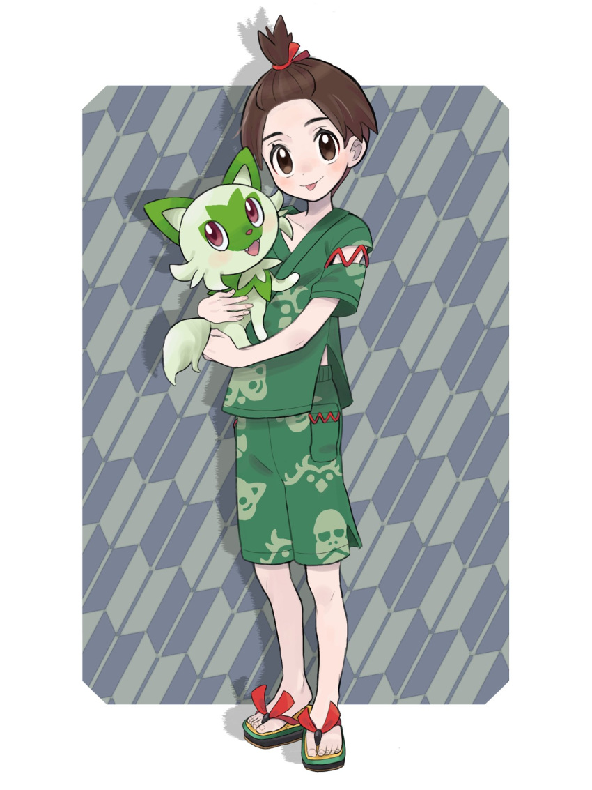 1boy blush border brown_eyes brown_hair closed_mouth collarbone commentary_request eyelashes feet florian_(pokemon) green_jacket green_shorts highres holding holding_pokemon jacket knees looking_at_viewer male_focus pokemon pokemon_(creature) pokemon_(game) pokemon_sv sana_(37pisana) sandals short_hair short_sleeves shorts smile sprigatito standing toenails toes tongue tongue_out topknot