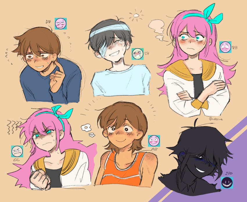 1girl 4boys aubrey_(omori) bandage_over_one_eye black_hair blue_eyes blush brown_eyes brown_hair closed_eyes closed_mouth crying dark-skinned_male dark_skin hairband hero_(omori) highres jacket kel_(omori) long_hair looking_at_viewer multiple_boys omori open_mouth pink_hair short_hair smile spoilers stranger_(omori) sunny_(omori) ud01f white_jacket