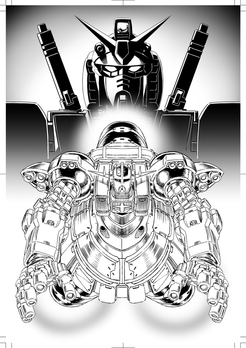 flying greyscale gundam gundam_thunderbolt highres looking_at_viewer mecha mobile_suit monochrome no_humans official_art ohtagaki_yasuo open_hands perfect_gundam_(thunderbolt) perfect_zeong_(thunderbolt) portrait robot science_fiction straight-on thrusters v-fin
