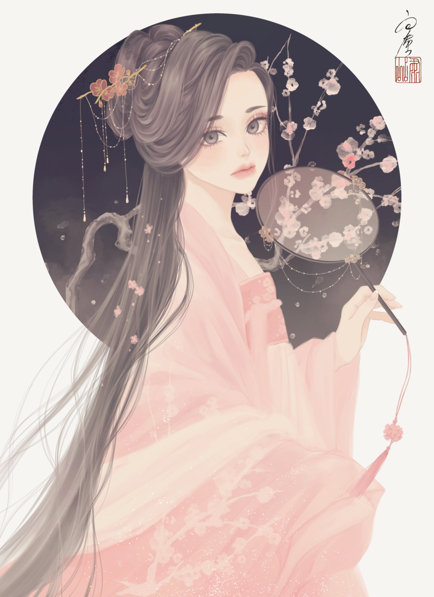 1girl absurdres branch brown_eyes brown_hair chinese_clothes circular_border closed_mouth commentary_request embellished_costume flower from_side hair_ornament half_updo hand_fan hanfu highres holding holding_fan long_hair long_sleeves looking_at_viewer looking_to_the_side original pink_robe plum_blossoms qixiong_ruqun realistic robe seal_impression signature solo straight_hair tassel transparent_fan tuanshan upper_body ushiyama_ame very_long_hair wide_sleeves