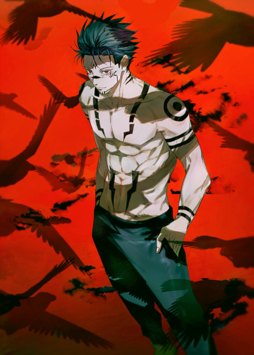 1boy abs absurdres arm_tattoo bird black_hair chest_tattoo closed_mouth cropped_legs crow dmsco1803 facial_tattoo fushiguro_megumi hands_in_pockets highres jujutsu_kaisen male_focus muscular muscular_male pectorals red_background red_eyes ryoumen_sukuna_(jujutsu_kaisen) short_hair simple_background solo spiky_hair standing tattoo topless_male