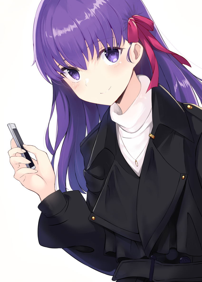 1girl absurdres bangs black_coat blush bow cellphone closed_mouth coat commentary_request fate/stay_night fate_(series) hair_between_eyes hair_bow hand_up highres holding holding_phone i.f.s.f long_hair long_sleeves looking_at_viewer matou_sakura phone puffy_long_sleeves puffy_sleeves purple_hair red_bow shirt simple_background smile solo turtleneck violet_eyes white_background white_shirt