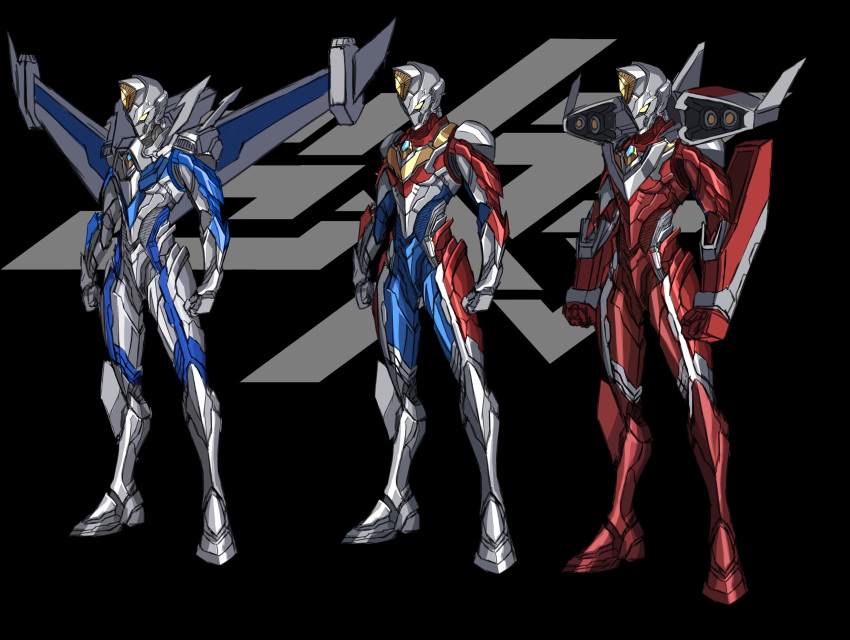 3boys 3ok alien alternate_universe armor armored_boots blue_bodysuit bodysuit boots breastplate clenched_hand clenched_hands coat fingerless_gloves flash_type_(ultraman) gauntlets gloves glowing glowing_eyes highres jacket leg_armor male_focus miracle_type_(ultraman) multiple_boys no_humans open_clothes open_hand open_jacket pauldrons red_bodysuit rocket_launcher shoulder_armor shoulder_cannon shoulder_pads single_fingerless_glove skin_tight standing strong_type_(ultraman) tokusatsu ultra_series ultraman_(hero's_comics) ultraman_dyna ultraman_dyna_(series) ultraman_suit weapon white_gloves wings yellow_eyes