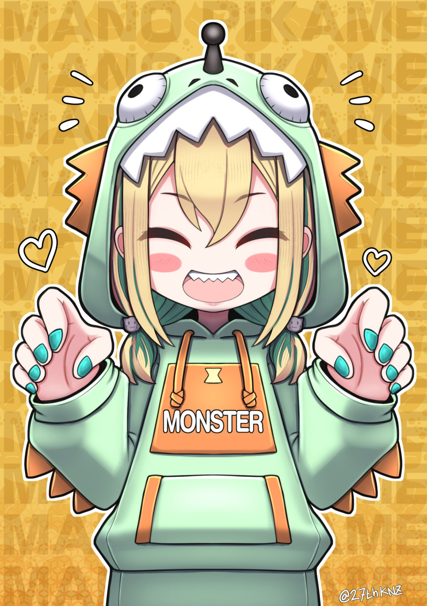 1girl :d ^_^ absurdres amano_pikamee blonde_hair blush_stickers cat_hair_ornament character_name claw_pose closed_eyes colored_inner_hair commentary dinosaur_hood drawstring english_commentary green_hair green_nails hair_ornament hands_up heart highres kuronekozero long_sleeves low_twintails multicolored_hair outline sharp_teeth smile solo standing straight-on teeth twintails twitter_username two-tone_hair upper_body upper_teeth_only virtual_youtuber voms white_outline yellow_background