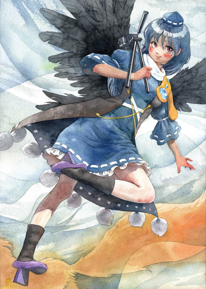 1girl armor bangs bird_wings black_wings blue_dress blue_hair blush breasts camera dark_blue_hair dress feathered_wings fox full_body geta hat highres holding_tripod iizunamaru_megumu kudamaki_tsukasa kudamaki_tsukasa_(fox) light_smile long_hair looking_at_viewer medium_breasts misawa_hiroshi pauldrons pom_pom_(clothes) red_eyes shoulder_armor single_pauldron solo standing standing_on_one_leg tengu-geta tokin_hat touhou traditional_media wings