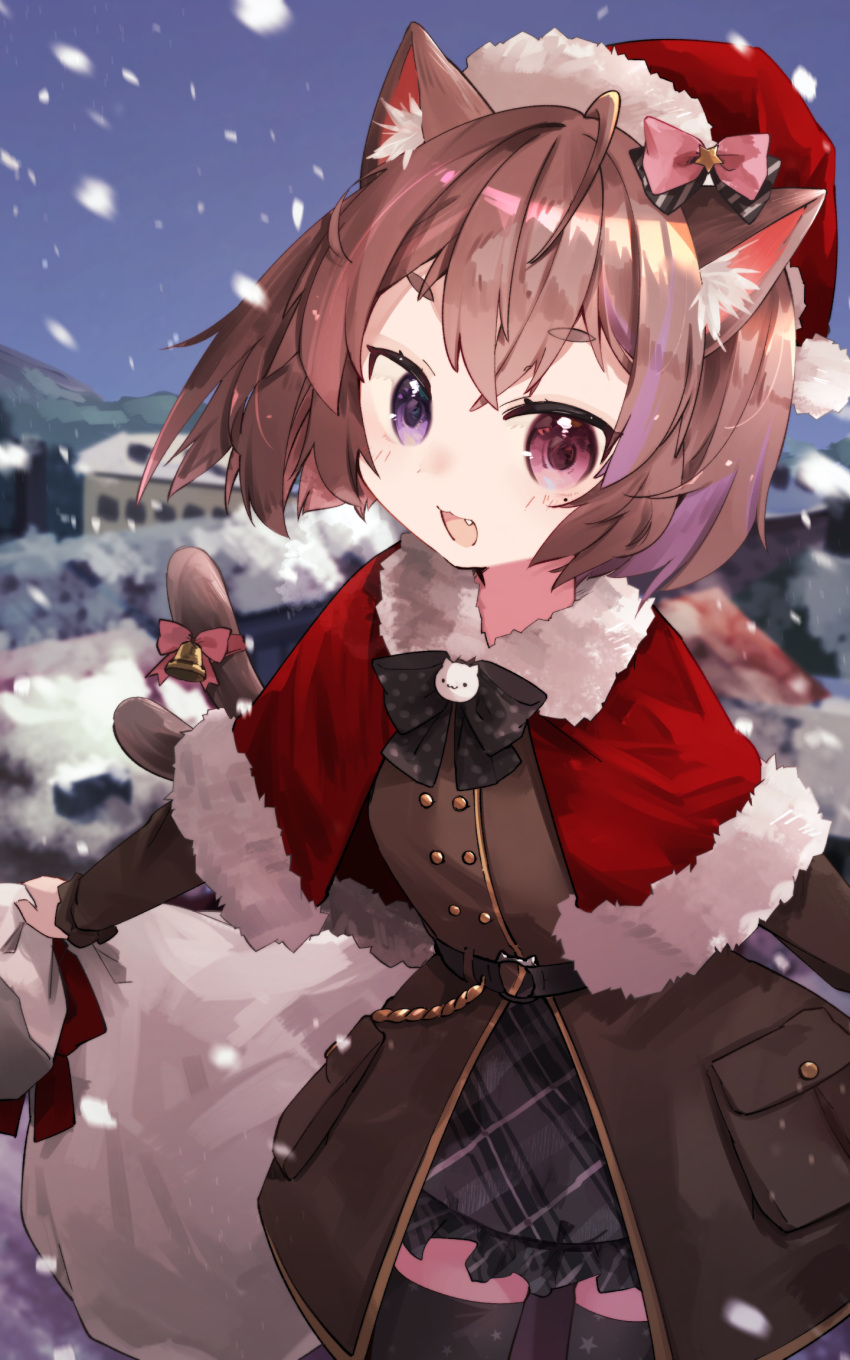 1girl :d animal_ear_fluff animal_ears black_skirt black_thighhighs brown_coat brown_hair capelet cat_ears cat_girl cat_tail christmas coat commission fang frilled_skirt frills hat highres holding holding_sack indie_virtual_youtuber long_sleeves miniskirt multiple_tails nanana_(nanana_iz) nekomiya_ayume pink_eyes sack santa_capelet santa_hat short_hair skeb_commission skirt smile snow snowing tail thigh-highs two_tails violet_eyes virtual_youtuber