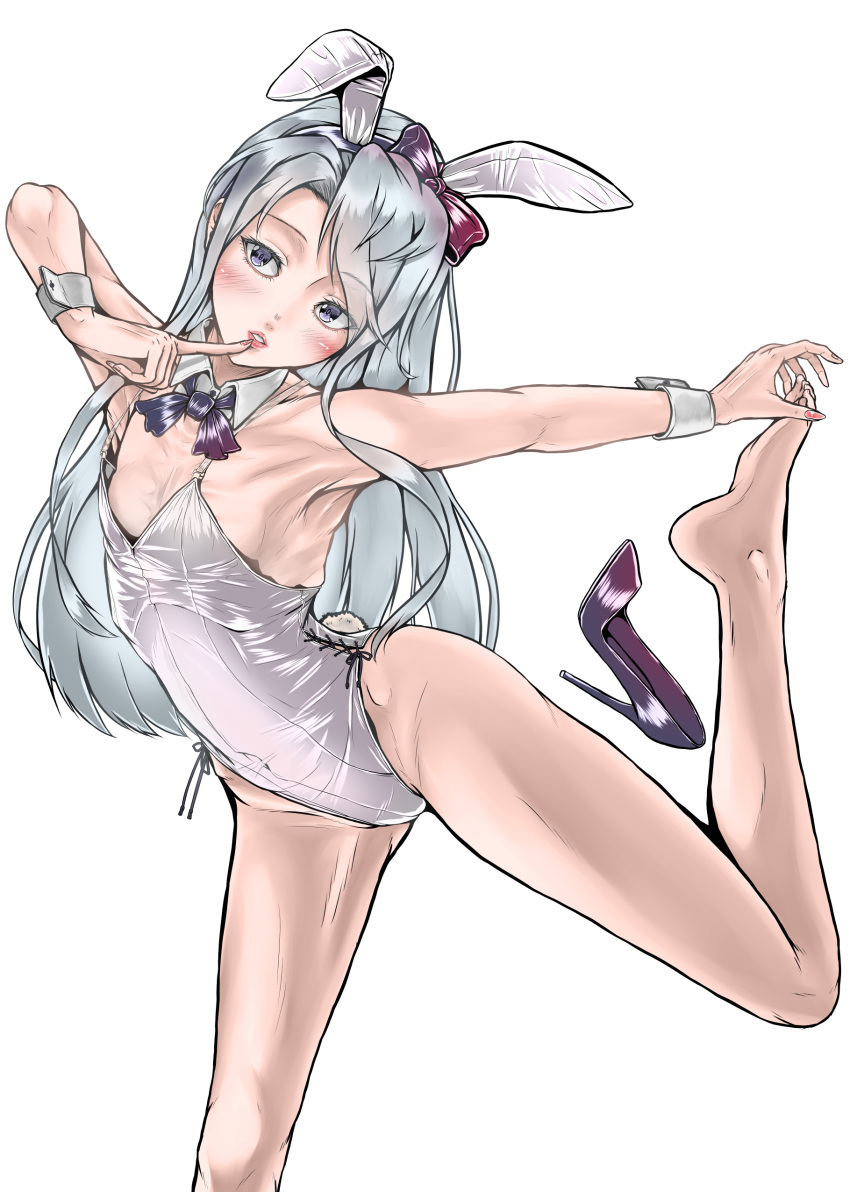 absurdres animal_ears bare_legs breasts character_name dated detached_collar finger_to_mouth goushougun-sensei grey_hair highres kantai_collection long_hair playboy_bunny rabbit_ears rabbit_tail sagiri_(kancolle) shoes shoes_removed small_breasts tail violet_eyes wrist_cuffs