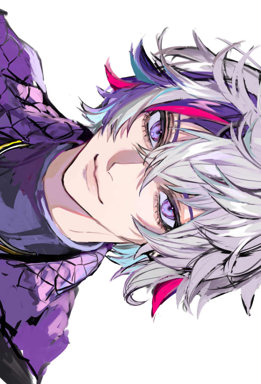 1boy absurdres ancoo_mm bangs closed_mouth eyelashes fuwa_minato grey_hair hair_between_eyes highres jacket looking_at_viewer male_focus multicolored_hair nijisanji one_eye_closed open_clothes open_jacket pink_hair portrait purple_hair purple_jacket shirt short_hair sidelocks simple_background smile solo streaked_hair violet_eyes virtual_youtuber white_background