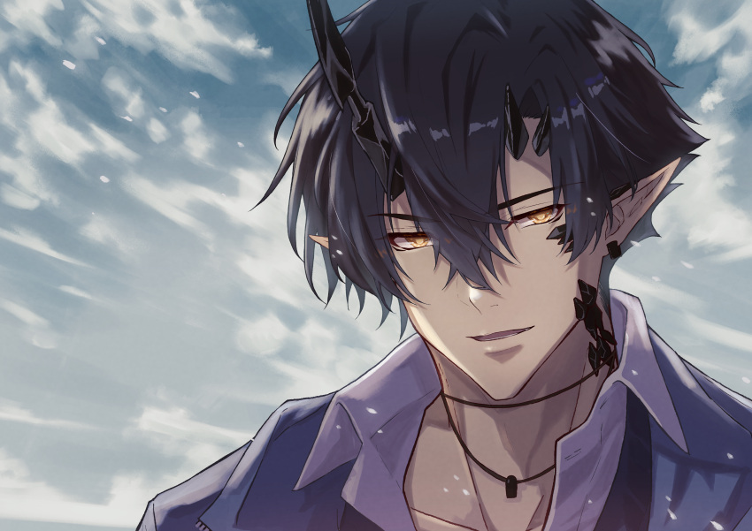 1boy absurdres alternate_costume arknights black_hair clouds cloudy_sky day earrings flamebringer_(arknights) hair_between_eyes highres horns jewelry looking_at_viewer necklace oripathy_lesion_(arknights) outdoors parted_lips pointy_ears short_hair sky smile solo upper_body wing_collar wn_(wani-noko)