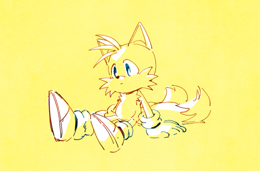 1boy animal_ears animal_nose banri_0917 blue_eyes body_fur closed_mouth fox_boy fox_ears fox_tail full_body furry furry_male gloves male_focus multiple_tails shoes simple_background sitting solo sonic_(series) tail tails_(sonic) two_tails yellow_background