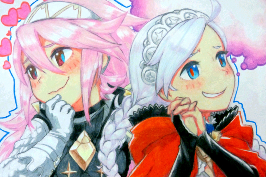 2girls absurdres ahoge bangs blue_eyes braid capelet fire_emblem fire_emblem_fates fujoshi highres hood hood_down hooded_capelet lico_(sasya_k) low_twin_braids multiple_girls nina_(fire_emblem) open_mouth own_hands_together parted_bangs red_capelet smile soleil_(fire_emblem) twin_braids